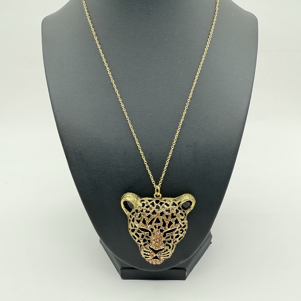 18"‎ Rhinestone Encrusted 2" Leopard Pendant Gold Tone Necklace